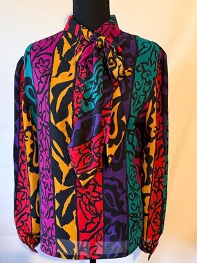Vintage 80s Women's Multicolor Blouse With Bow- Bold Stripe Floral Print